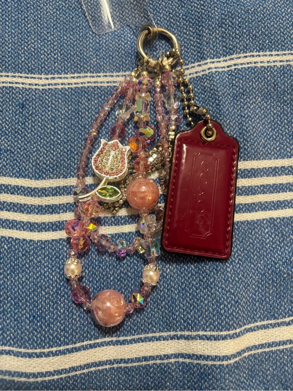 Coach hangtag with Pink and Burgundy Crystal Beaded Bag Charm with Tulip Accent - Picture 1 of 9